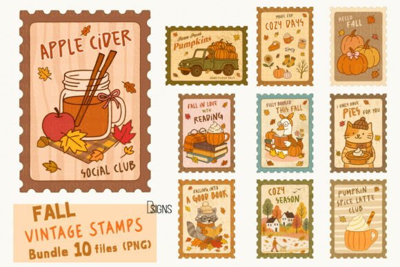 Download Fall Vintage Stamps Clipart Bundle Png - Vintage Collection