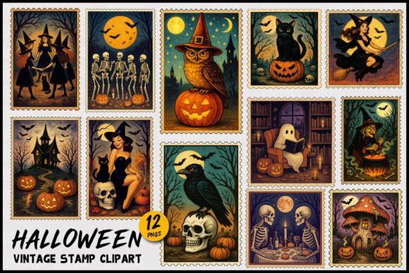 Download Halloween Vintage Stamp Clipart Bundle - Vintage Collection