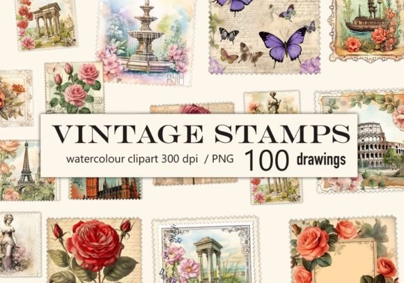 Download 100 Vintage Stamps Watercolor Clipart - Vintage Collection