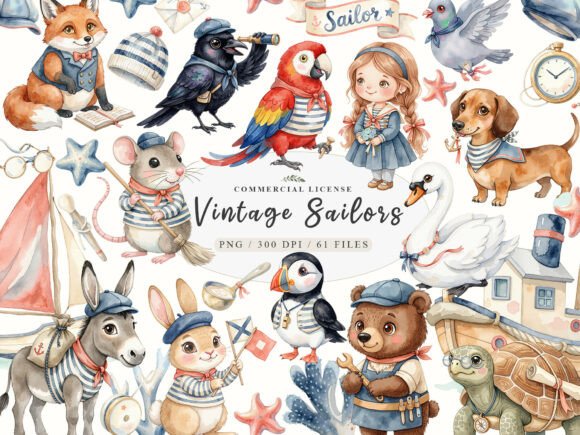 Download Watercolor Cute Vintage Sailor Animals - Vintage Collection