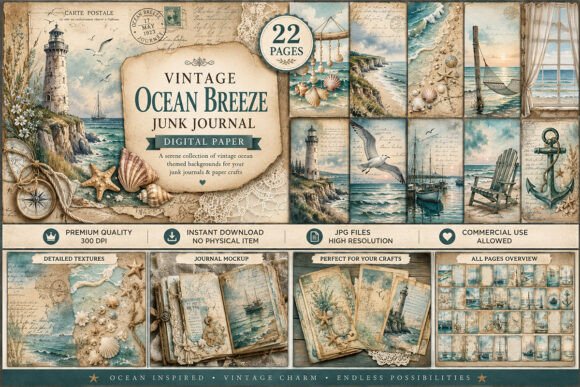Download Vintage Ocean Breeze Junk Journal Kit - Vintage Collection
