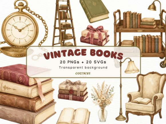 Download Vintage Books Watercolor Clipart PNG SVG - Vintage Collection