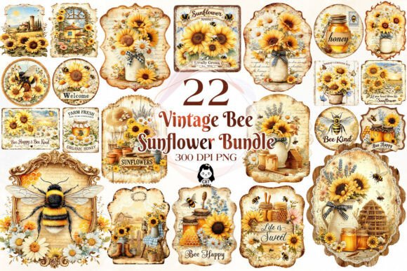 Download Vintage Bee Honey Sunflower Label Bundle - Vintage Collection