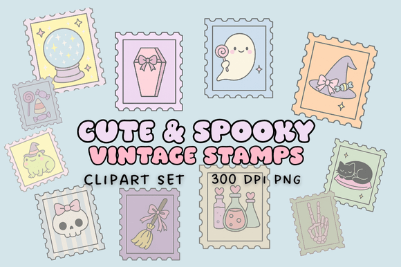 Download Cute &amp; Spooky Vintage Stamps Clipart Set - Vintage Collection